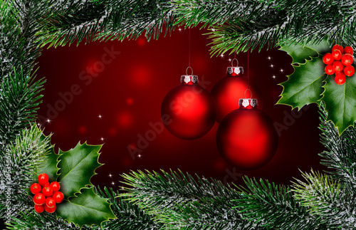 Rote Weihnachtskugeln mit Weihanchtsgrün auf Rotem Hintergrund