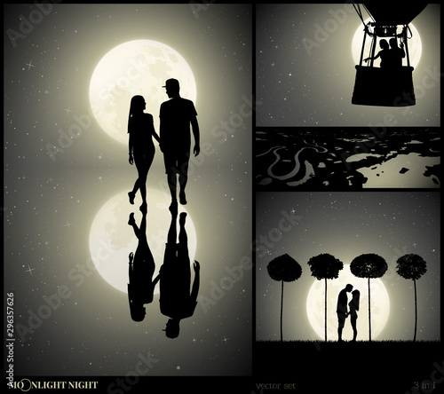 Set of vector illustrations with silhouettes of people in park on moonlit night. Two lovers walk after rain. Lovers flying in balloon. Loving couple between trees. Full moon in starry sky