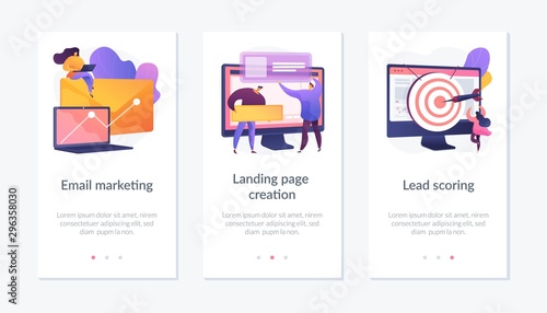 Web design and targeted advertisement flat icons set. Newsletter digital promotion. Email marketing, landing page creation, lead scoring metaphors. Website web page template - concept metaphors.s