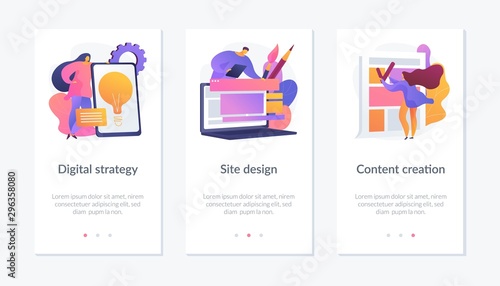 Creative writing, web development and mobile advertising flat icons set. Outbound marketing. Digital strategy, site design, content creation metaphors. Website web page template - concept metaphors.s