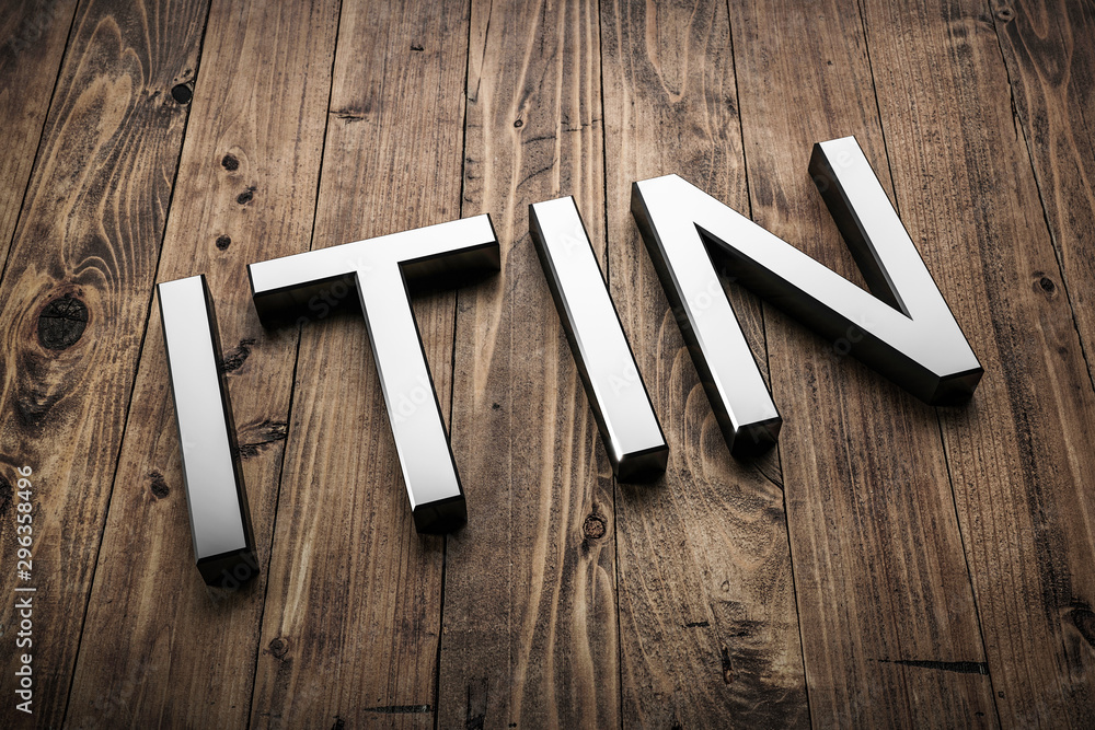 3d white letters - ITIN - on textured rustic wood. 3d render.