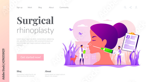 Woman flat vector character making nasal reconstruction surgery. Beauty industry. Rhinoplasty, nose correction procedure, surgical rhinoplasty concept. Website homepage header landing web page
