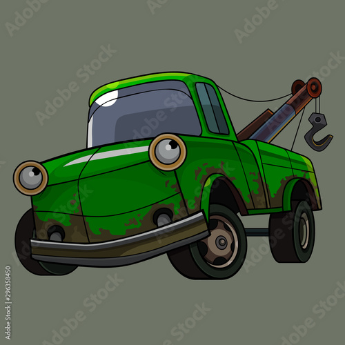 cartoon green truck with eyes and a crane