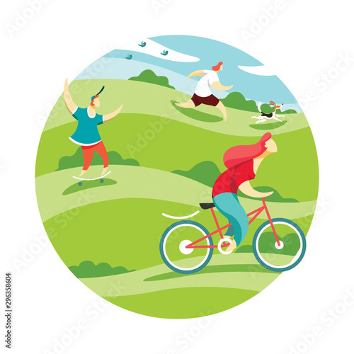 People are engaged in active recreation in the park, riding a bike, skateboarding and running.