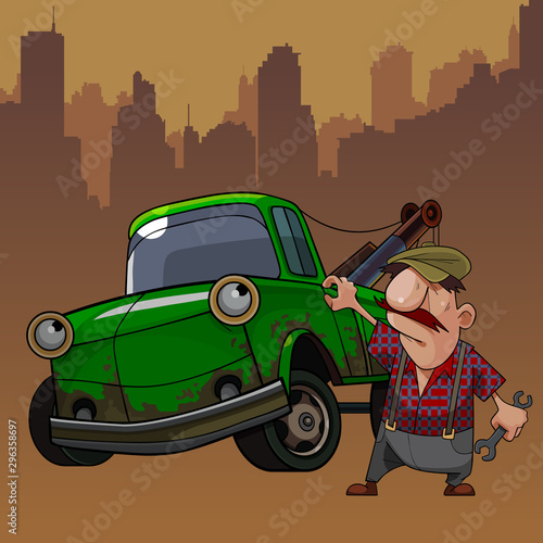 cartoon male mechanic standing with a tool next to a truck