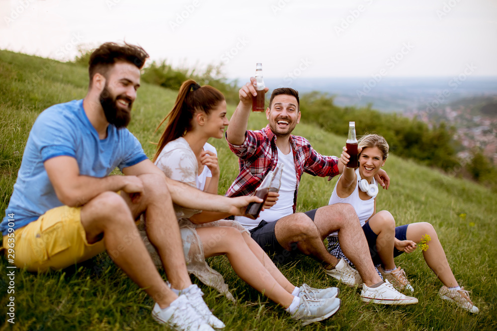 Group of young friends sitting on the on the grass at a hill and drinking cider Group of young friends sitting on the on the grass at a hill and drinking cider