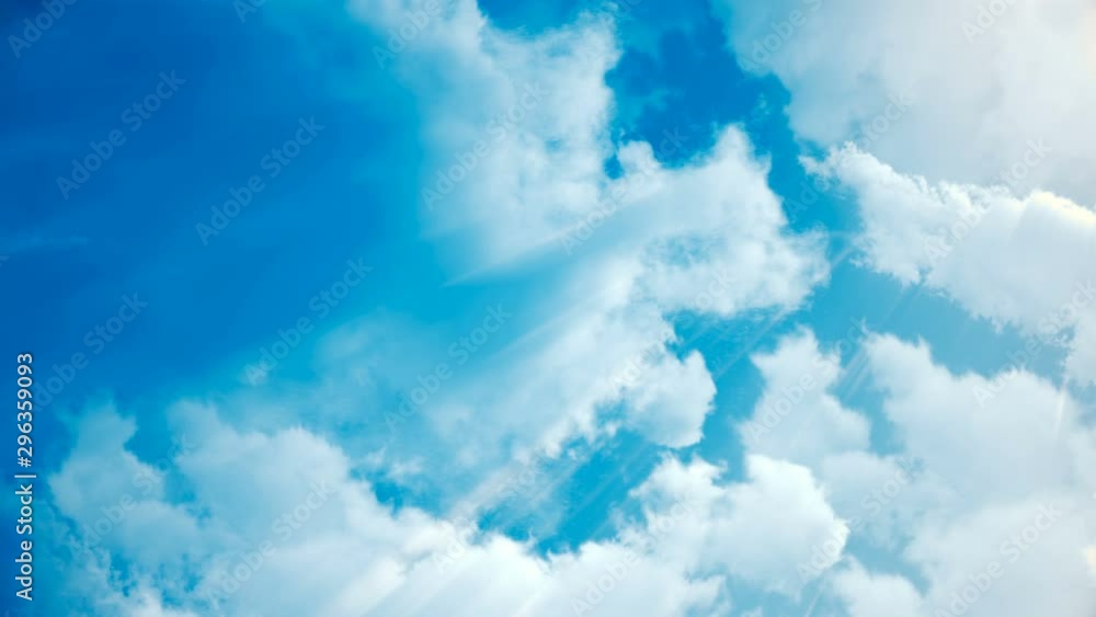 White clouds blue sky seamless loop. Cloudy weather timelapse. Beauty of color and light in summer. Abstract nature background fluffy, puffy cloudscape in air. High sunny cumulus in looping 3D render White clouds blue sky seamless loop. Cloudy weather timelapse. Beauty of color and light in summer. Abstract nature background fluffy, puffy cloudscape in air. High sunny cumulus in looping 3D render