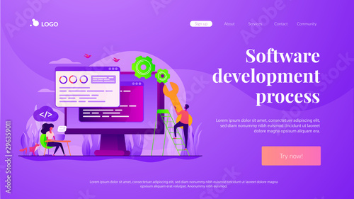 Programming and coding, website, webpage optimization. Back end development, software development process, backend app developer concept. Website homepage header landing web page template.