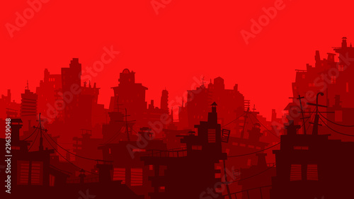 red cartoon city background with different houses
