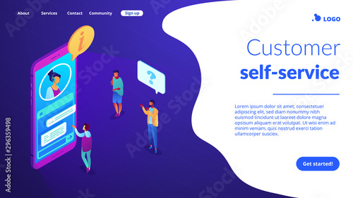 Customers asking for information electronic support in mobile phone. Customer self-service, e-support system, electronic customer support concept. Isometric 3D website app landing web page template