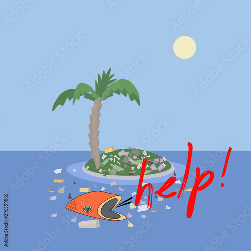 Garbage floating in the ocean with the fish asking for help. Vector illustration.