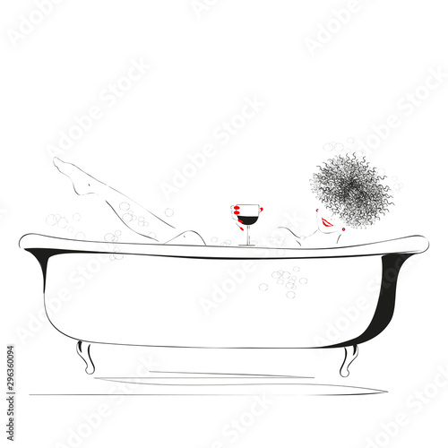 Fashion illustration of woman enjoying wine while having a bath. Vector.