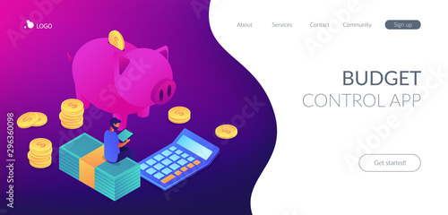 Businessman sitting on banknotes at piggy bank tracking income, expences. Budget control app, home budget application, accounting services concept. Isometric 3D website app landing web page template photo