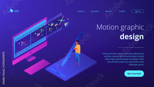Motion graphic designer with pencil at computer screen creating video. Motion graphic design, video production service, motion designer work concept. Isometric 3D website app landing web page template