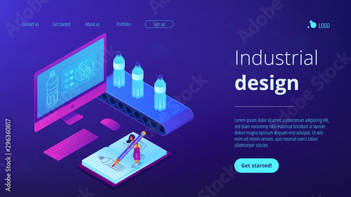 Designer drawing bottle blueprint, computer project and mass production. Industrial design, product usability design, ergonomics development concept. Isometric 3D website app landing web page template