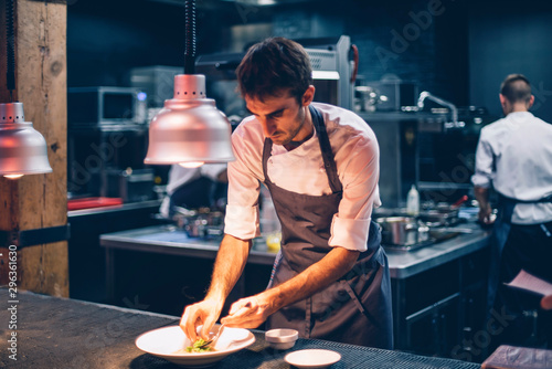 Chef serving food on a plate in the kitchen, of a restaurant