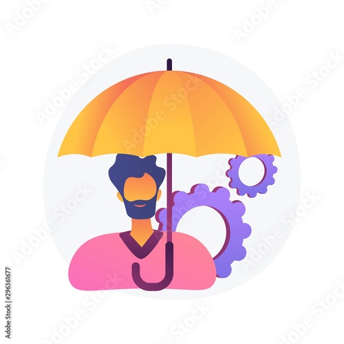 Life insurance. Health protection, guarantee, employment policy. Smiling man covering under umbrella cartoon character. Business legal safety. Vector isolated concept metaphor illustration
