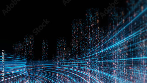 3D Rendering of abstract highway path through digital binary towers in city. Concept of big data, machine learning, artificial intelligence, hyper loop, virtual reality, high speed network. 