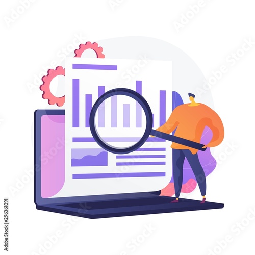 Company annual report analyzing. Business analysis, diagram analytics, statistics. Employee holding magnifying glass male cartoon character. Vector isolated concept metaphor illustration