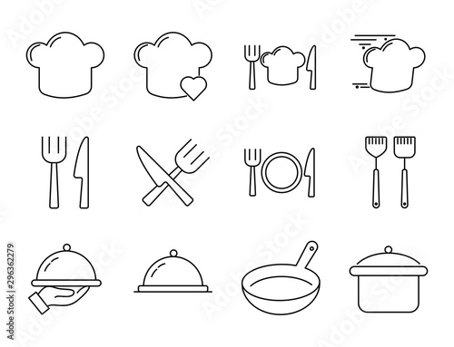 set line icon of cooking, fork, spoon and knife line icons, chef hat, frying pan and hot pan vector, collection of cooking outline icons.