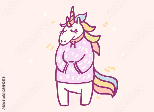 Cute cartoon character unicorn in warm winter clothes, funny vector illustration. Tee card print graphic art.