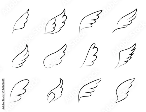 set of line wings icon, angel feather wing, wing tattoo silhouette, flying heaven vector icon, collection of wing.