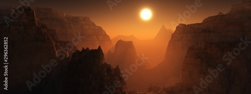 Canyon of Mars at sunset. Alien landscape. 3d rendering. © ustas