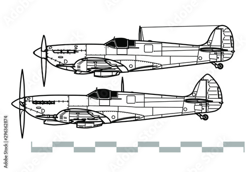Fotografie, Obraz Supermarine Spitfire V - IX. Outline vector drawing