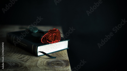 Red rose on top of a closed book gift photo
