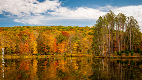Fototapeta Naklejka Na Ścianę i Meble -  Colorful fall foliage reflecting in Lake Wapalanne at Stokes State Forest, New Jersey