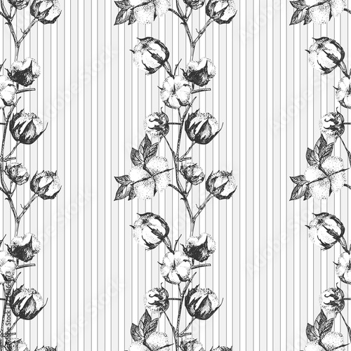 Seamless pattern with twigs, flowers and leaves of a cotton plant. Hand-drawn sketch botanical illustration. Engraving style. Black and white illustration.