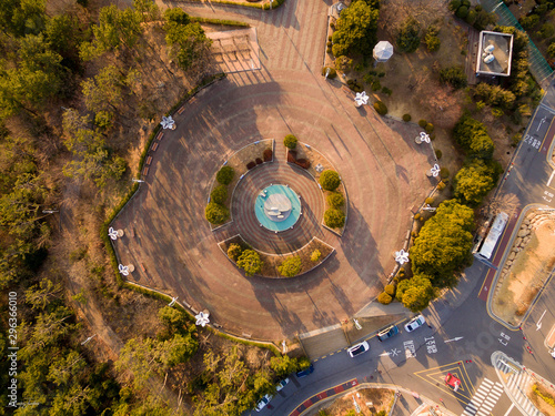 Drone shot of a central citizen park in Yeosu, South Korea