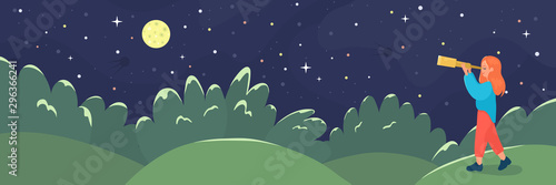 Girl looks into telescope on moon and stars. Night starry sky. 