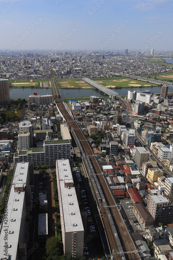 Aerial view of Edogawa river and the iron bridge, Ichikawa, Japan