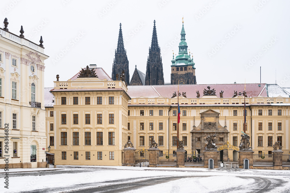 Prague Castle in winter. Snowy view from Hradčanské square.