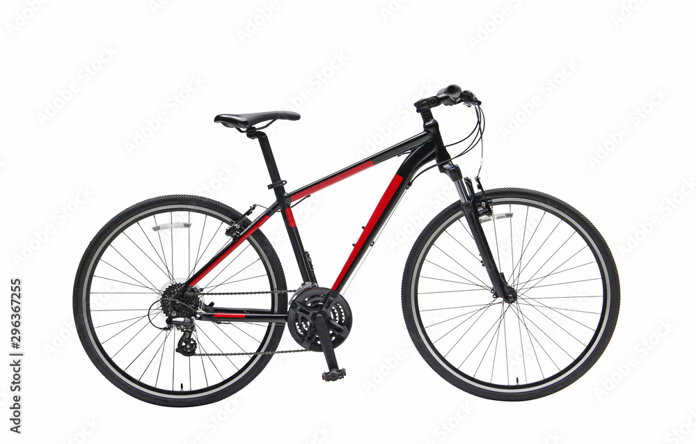 Isolated Hybrid Gent Mountain Bike With Black And Red Color In Perspective View Isolated Hybrid Gent Mountain Bike With Black And Red Color In Perspective View