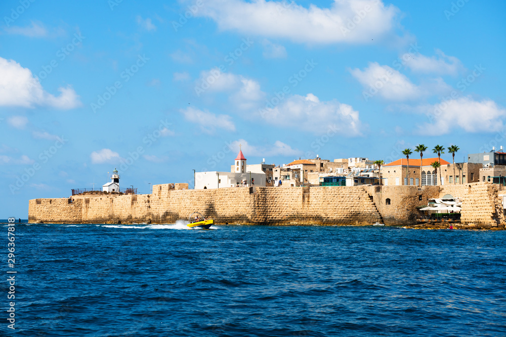View of the fortification of the old city Akko from boat.