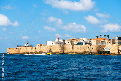 View of the fortification of the old city Akko from boat.