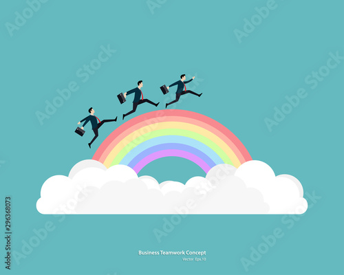Businessman run on rainbow go to the success
