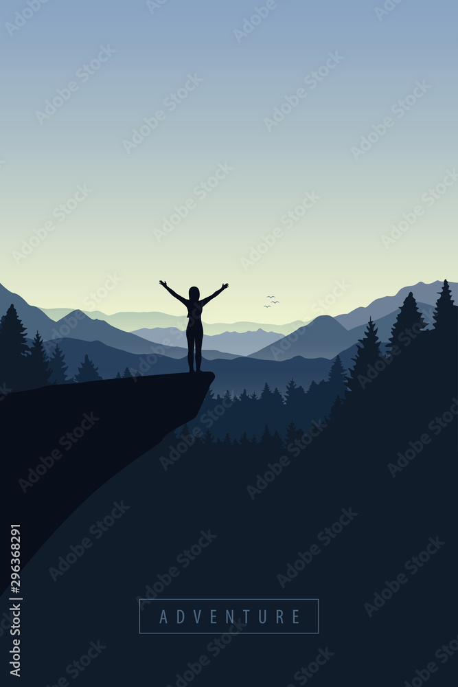 girl with raised arms on a cliff in blue forest mountain vector illustration EPS10