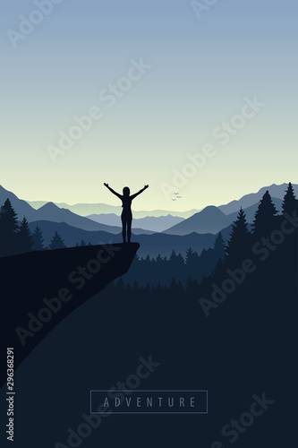 girl with raised arms on a cliff in blue forest mountain vector illustration EPS10