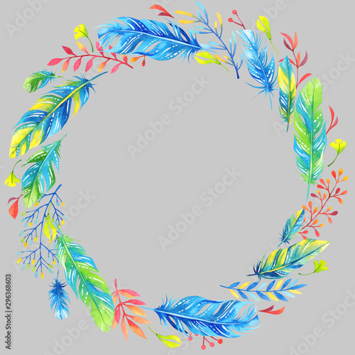 Isolated watercolor floral wreath with blue and green feathers on grey background