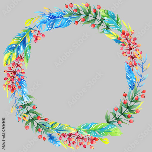 Isolated watercolor floral wreath with blue and green feathers on grey background