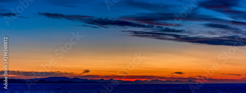 Panorama of Sunset over Mountains, Sea