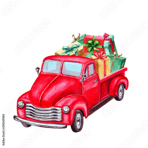 Watercolor red Christmas truck with gift boxes  isolated on white background. Hand painted abstract retro car and christmas presents. Decorative elements  symbols of winter holidays for cards