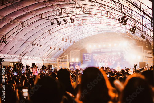 nightlife and youth activity with backside of crowd in concert hall during show hand ,take photo and see their favorite artist