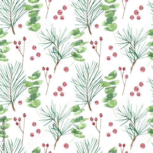 Watercolor seamless pattern with eucalyptus, berries and spruce. Hand drawn winter illustration on white background. Perfect for Christmas greeting cards, invitation, wrapping paper, textile
