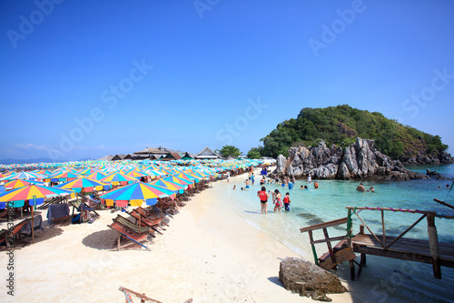 Beach in Phuket  Thailand. Blue sky and clear water. many sun loungers and umbrellas