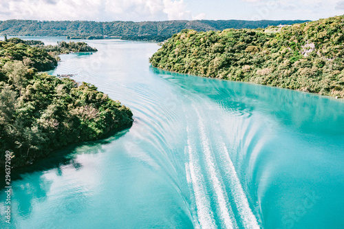 Boat wake in river