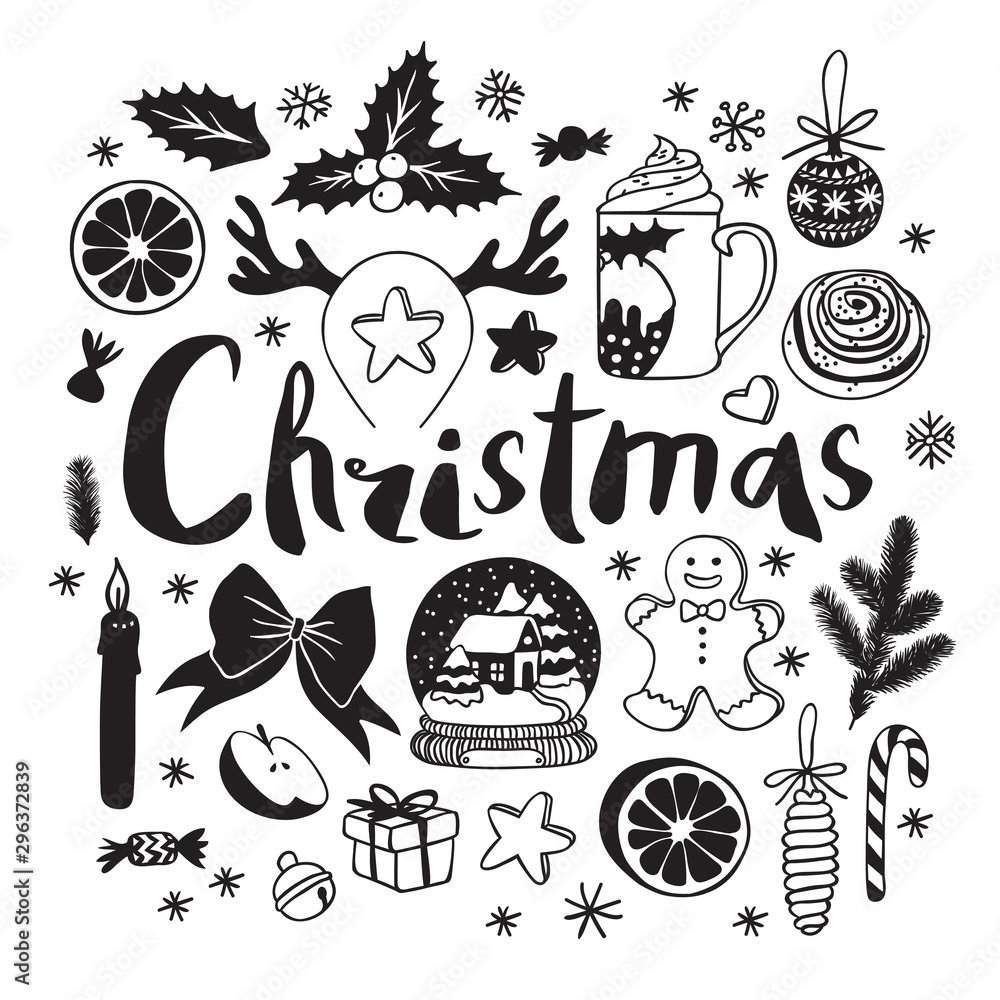 Hand drawn pattern with Christmas objects.Vector Celebration Illustration. Creative artwork. Cozy Winter set of decoration. Doodle Holidays background.
